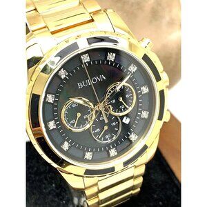 Bulova Men's Watch 97D121 Quartz Chronograph Diamond Black Dial Gold Steel 44mm